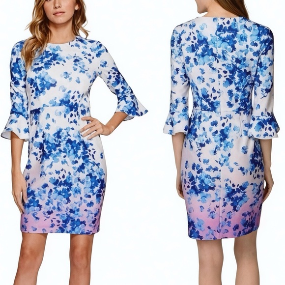Donna Morgan Rebecca Bell Sleeve Sheath Dress Blue Ombre' Floral Print Size 10 - Picture 1 of 12